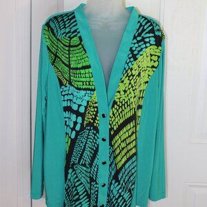 Bob Mackie Wearable Art, Green Art Deco Button Front Knit Blouse Size Large